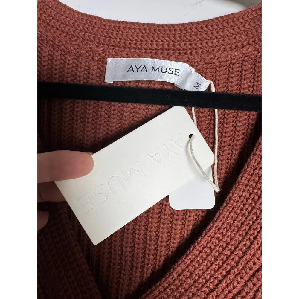 AYA MUSE Ribbed Sweater NWT Cinnamon Rust V Neck Revolve Size M